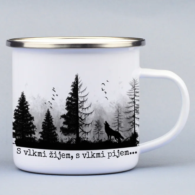 330 ml Turistický smaltovaný hrnček "S vlkmi žijem, s vlkmi pijem..."
