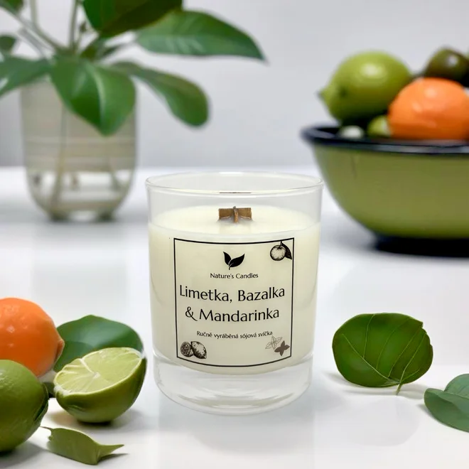 180 g Handmade sójová sviečka s dreveným knôtom "Limetka, Bazalka & Mandarínka"