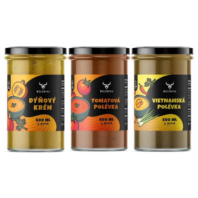 3x polévka (dýňová, tomatová, vietnamská)