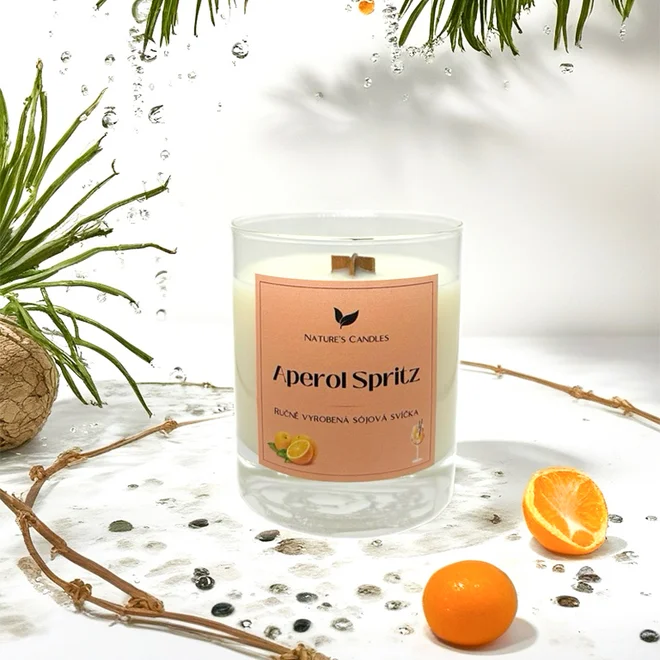 180 g Handmade sójová sviečka s dreveným knôtom "Aperol Spritz"