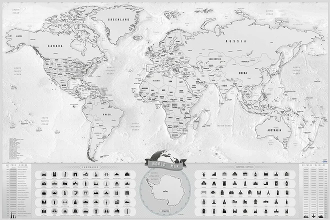 Stieracia mapa sveta Deluxe XL (blanc strieborná)