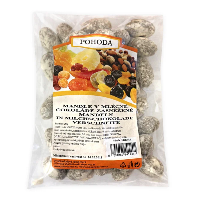 Mandle zasněžené v mléčné čokoládě, 250 g