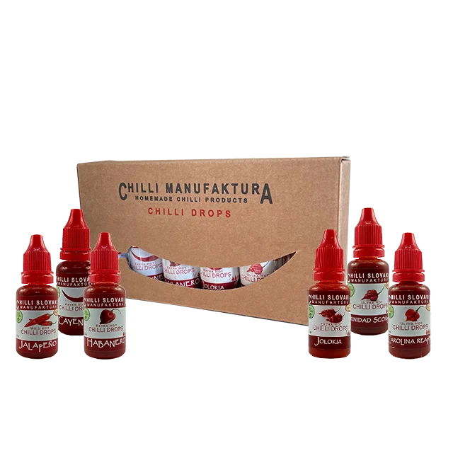 6-dielne Darčekové balenie chilli drops (jemne / stredne / extra pálivé) (6 x 20 ml)