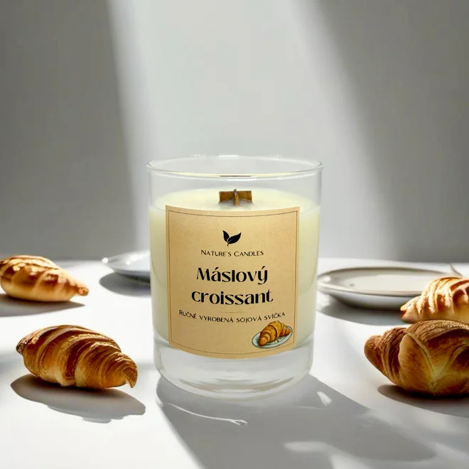 180 g Handmade sójová sviečka s dreveným knôtom "Maslový croissant"