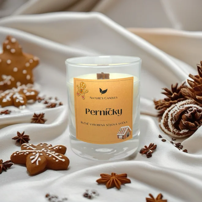 180 g Handmade sójová sviečka s dreveným knôtom "Perníček"