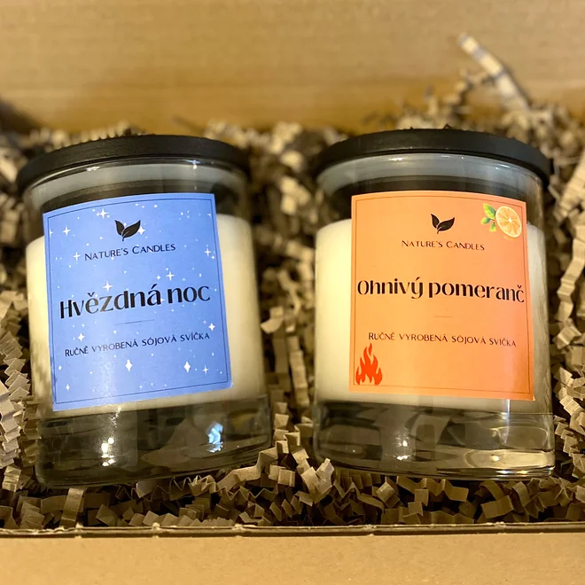2-dielna Darčeková sada sójových sviečok (Hviezdna noc / Ohnivý pomaranč)