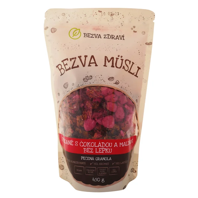 Bezlepkové Bezva müsli "Spékané s čokoládou a malinami" (450 g)