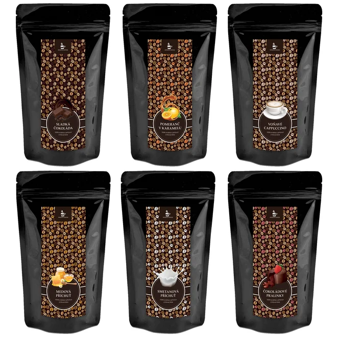 6 káv: čokoládová příchuť, pomeranč v karamelu, cappuccino, medová příchuť, čokoládové pralinky, smetanová příchuť