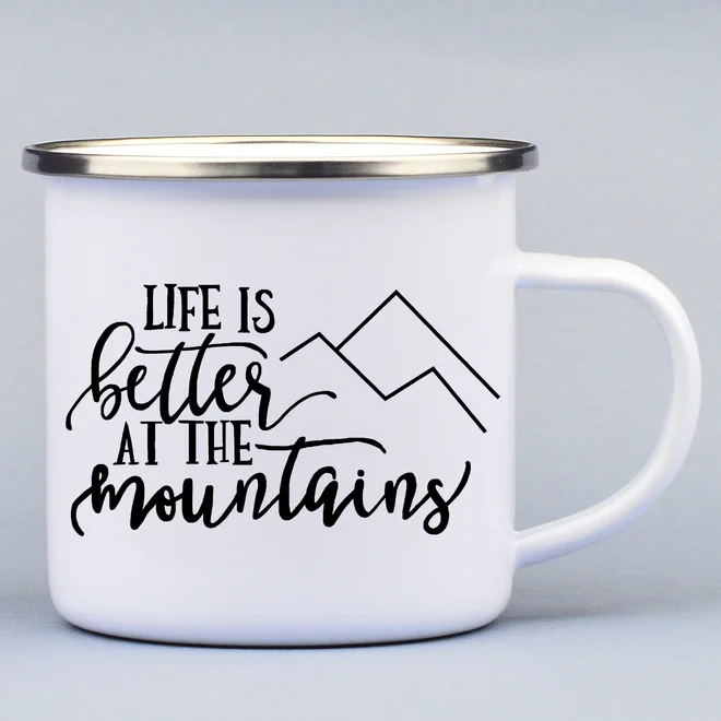 330 ml Turistický smaltovaný hrnček "Life is better at the mountains"