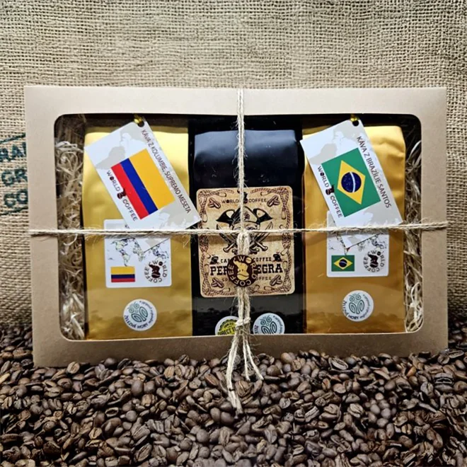 3 x 250 g Darčeková sada káv "DS IX." (Brazília Santos Chapadao / Perla Negra / Kolumbia Supremo Meseta)