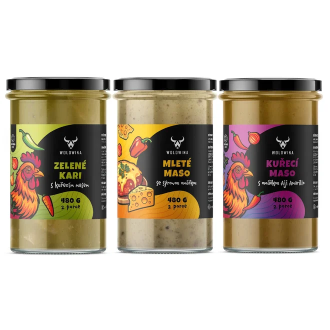 3x hotové jídlo (zelené kari, mleté maso, kuřecí s omáčkou Aji Amarillo)
