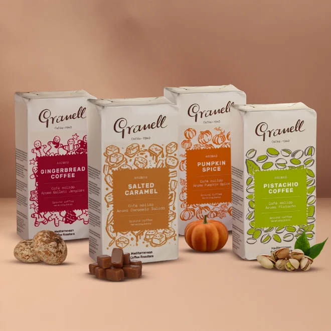 4 x 250 g Set ochutených mletých španielskych káv "GRANELL" (pistácia+slan. karamel+perník+pumpkin spice)