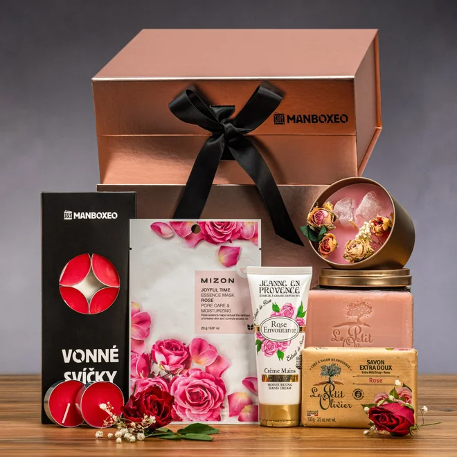 Giftboxeo dárkový box (rose gold) - S kosmetikou růže