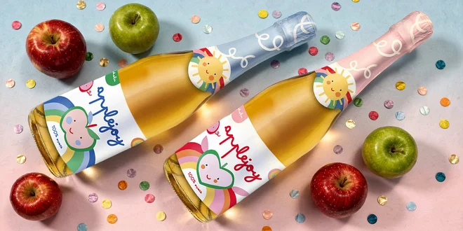 Šumivý jablečný nápoj Applejoy: modrý či růžový