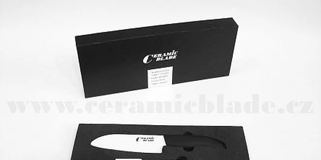 450 Kč za keramický nůž santoku vč. polohovatelné škrabky v dárkové kazetě