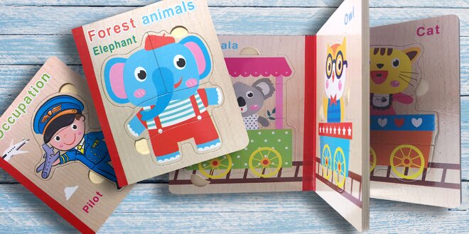 Dětská dřevěná puzzle knížka: 5 veselých motivů