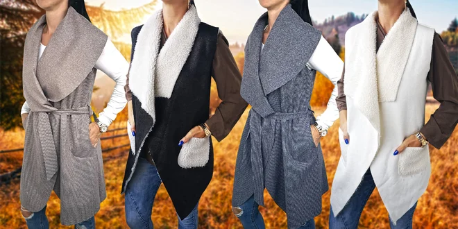 Elegantní dámské vesty s páskem i beránkem