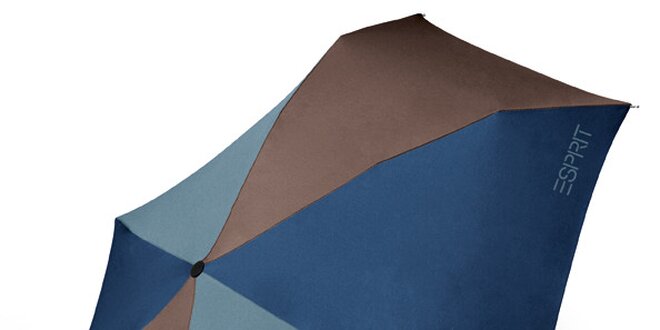 Skládací hnědo-modrý deštník Esprit s modrým logem