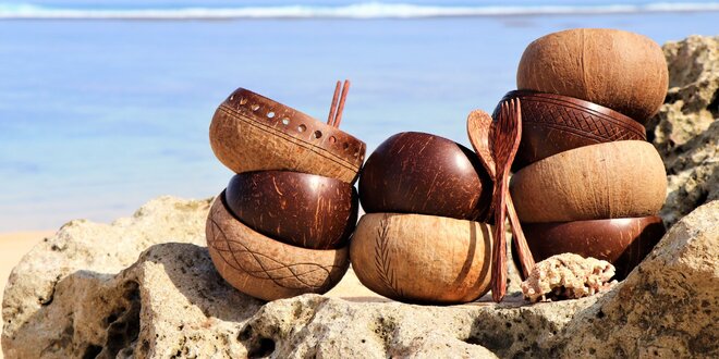 Přírodní kokosové misky a příbory i brčka z Bali