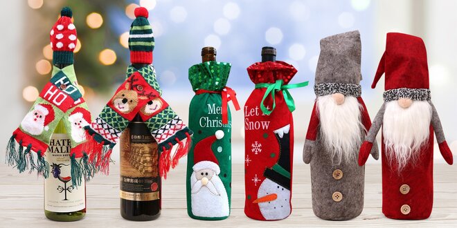 Vánoční obaly na lahve: skřítci, šály a čepice