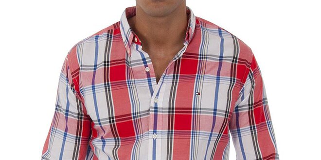 Pánské korálově růžová kostkovaná košile Tommy Hilfiger