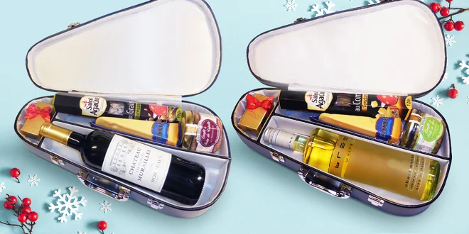 Houslové pouzdro s vínem, paštikou a dalšími dobrotami