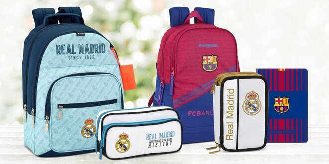 Penály a tašky s kluby Barcelona a Real Madrid