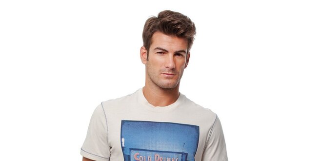 Pánské krémové tričko Guess s modrým foto potiskem