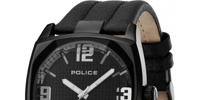 Pánské černé analogové hodinky s koženým řeminkem Police