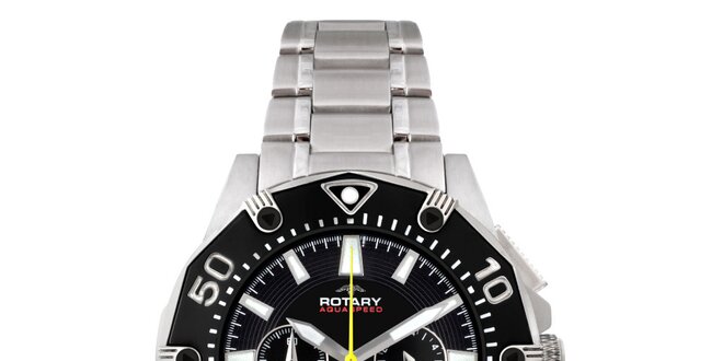 Pánské stříbrné hodinky s černým ciferníkem a chronografem Rotary