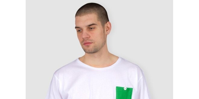 Pánské bílé tričko se zelenou kapsičkou Skank