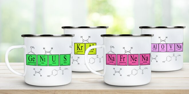 Plecháčky s vtipnými nápisy z chemických značek