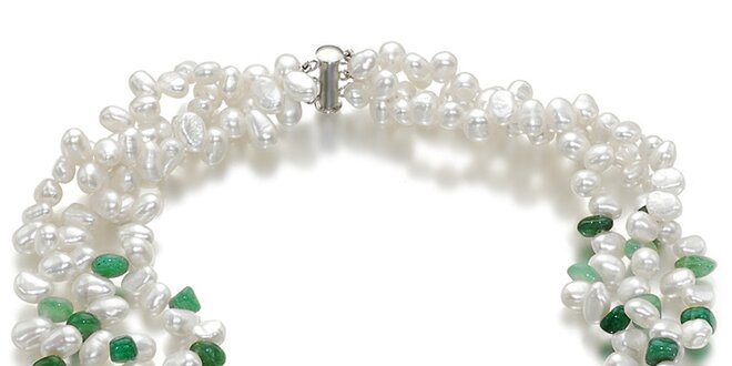 Dámský bílý perlový náhrdelník Orchira se zelenými kamínky