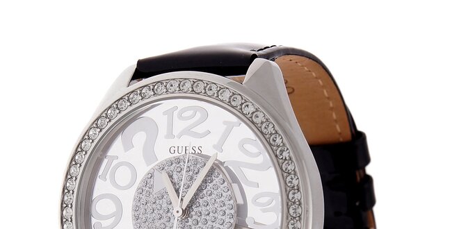 Dámské černé hodinky Guess s koženým lakovaným páskem a transparentním ciferníkem