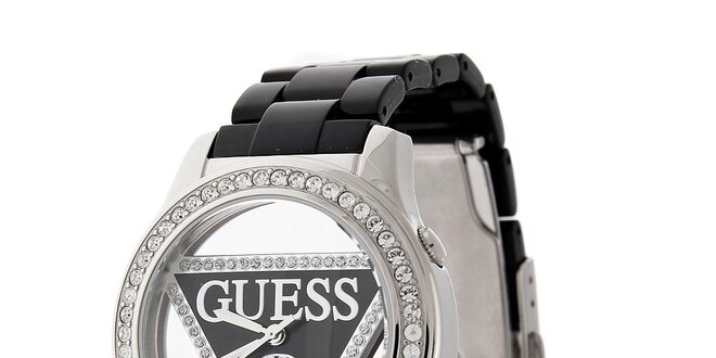 Dámské černo-stříbrné náramkové hodinky Guess s transparentním ciferníkem