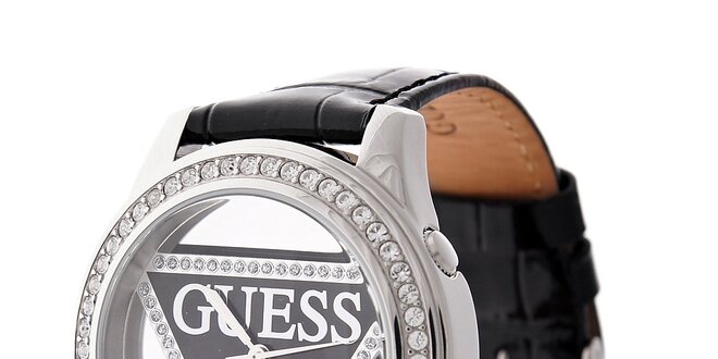 Dámské černé hodinky Guess s koženým páskem a transparentním ciferníkem
