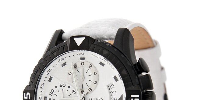 Pánské bílé hodinky Guess s koženým páskem