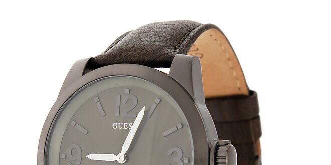 Pánské ocelově šedé hodinky Guess s koženým páskem