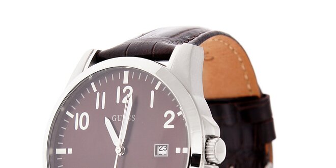 Pánské tmavě hnědé hodinky Guess s koženým páskem