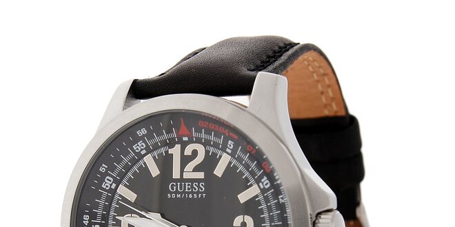 Pánské černé hodinky Guess s koženým páskem