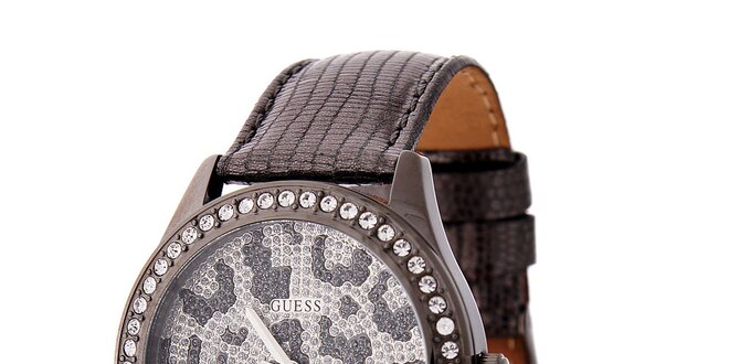 Dámské šedostříbrné hodinky Guess s koženým páskem