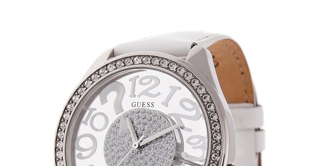 Dámské bílé hodinky Guess s koženým lakovaným páskem a transparentním ciferníkem