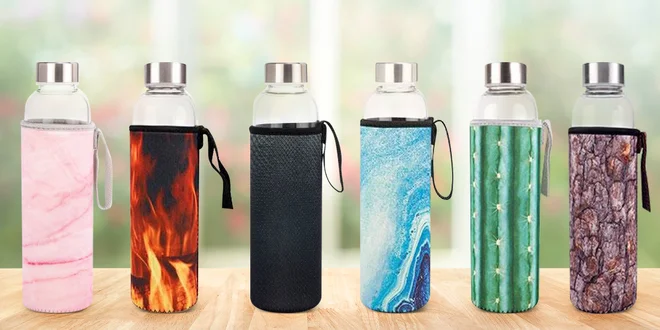 Skleněná láhev s neoprenovým obalem v 7 designech