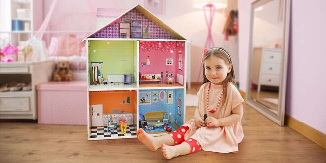 Skládací hrací dům s nábytkem a zařízením pro děti