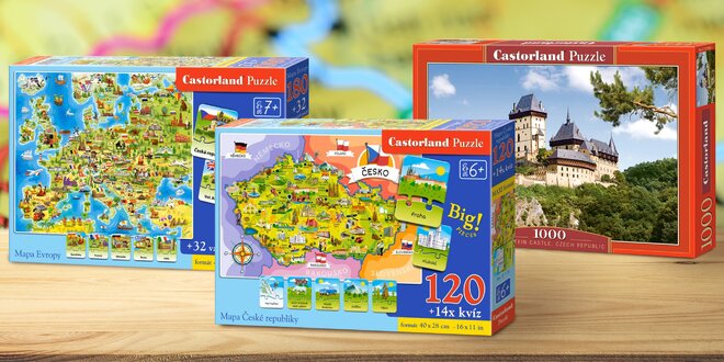 Puzzle pro velké i malé: Karlštejn, mapa ČR a Evopy