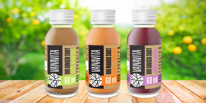 Balíčky ovocných shotů: matcha, aronie, mango