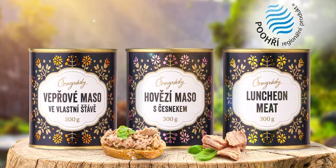 České masové konzervy: hovězí, vepřové, lančmít