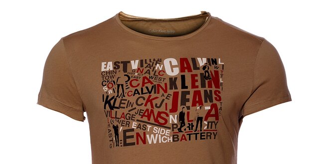 Pánské hnědé tričko Calvin Klein s barevným potiskem