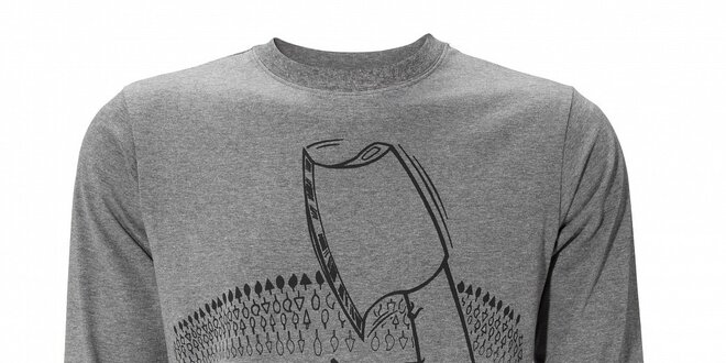 Pánské světle šedé melírované tričko Fundango s dlouhým rukávem a potiskem