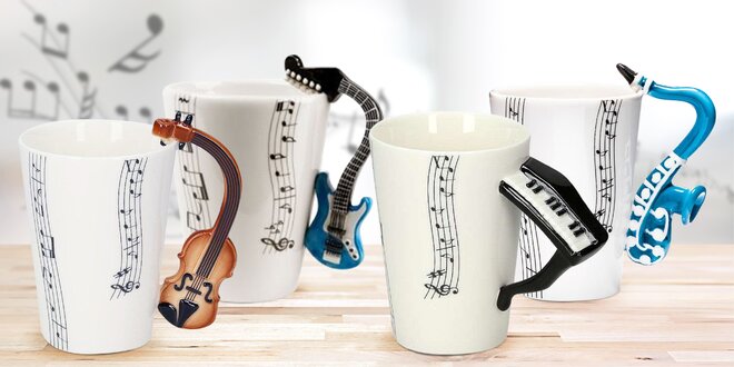 Ručně malované hudební hrnky: 4 různé nástroje